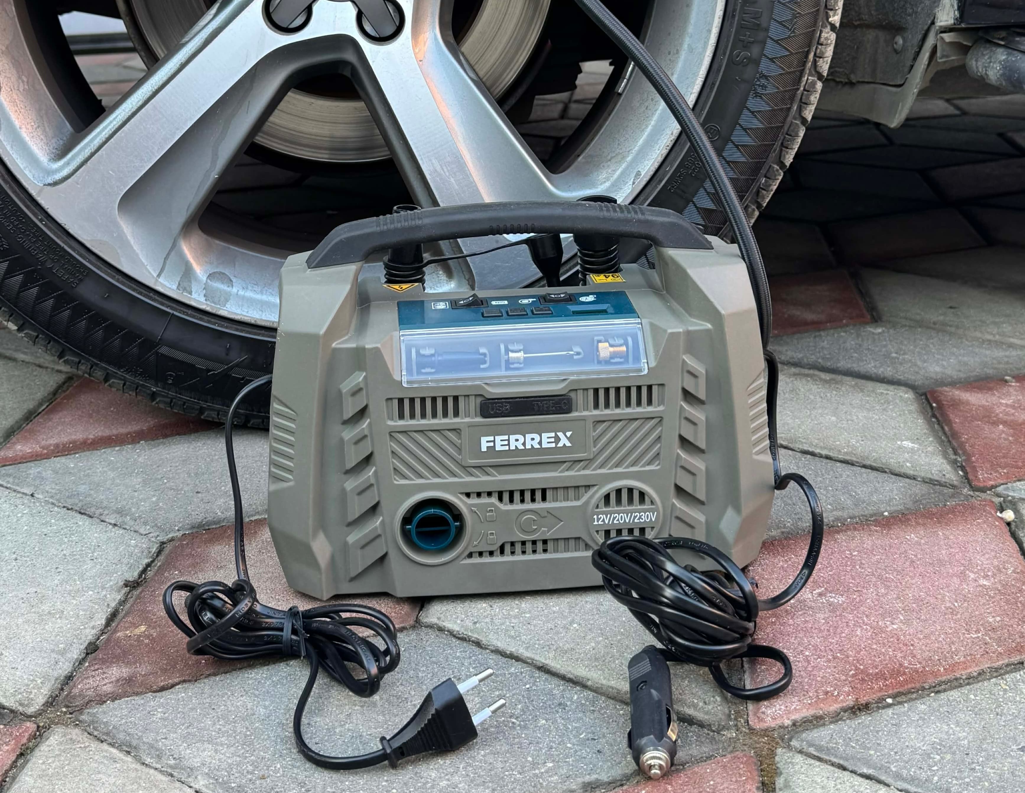 Kompresor ajri me energji te vetures plus energji monofaz dhe me bateri Ferrex 12V / 20V / 230V me LED